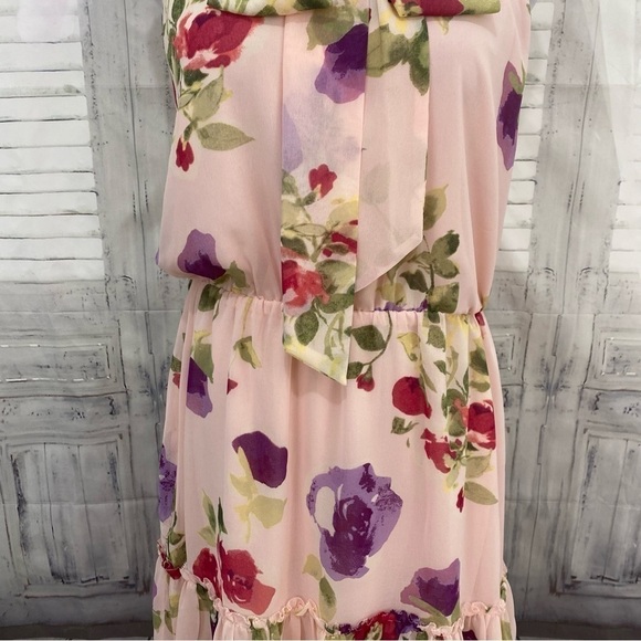 Ralph Lauren Size 10 Pink Floral Chiffon Sleeveless Dress Ties Neck Fit & Flare - Picture 5 of 12